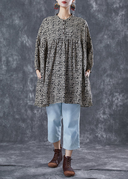 Black Print Loose Cotton Mid Dress Stand Collar Summer