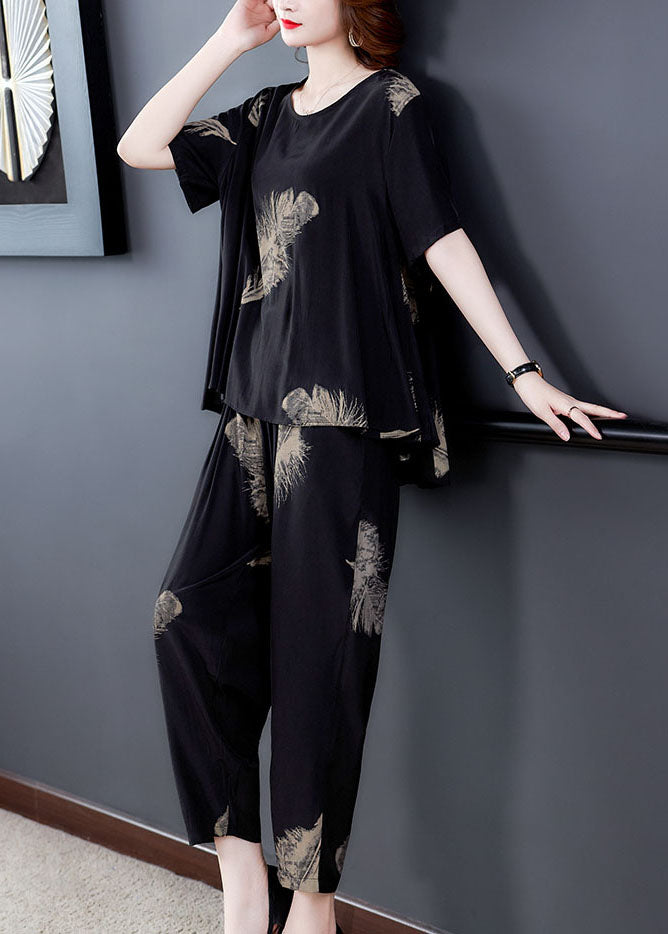 Black Print Patchwork Tops and Pants Cotton Two Pieces Set O-neck Summer