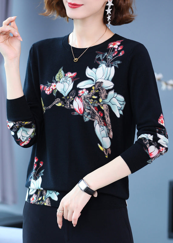 Black Print Woolen Knit Tops O Neck Spring