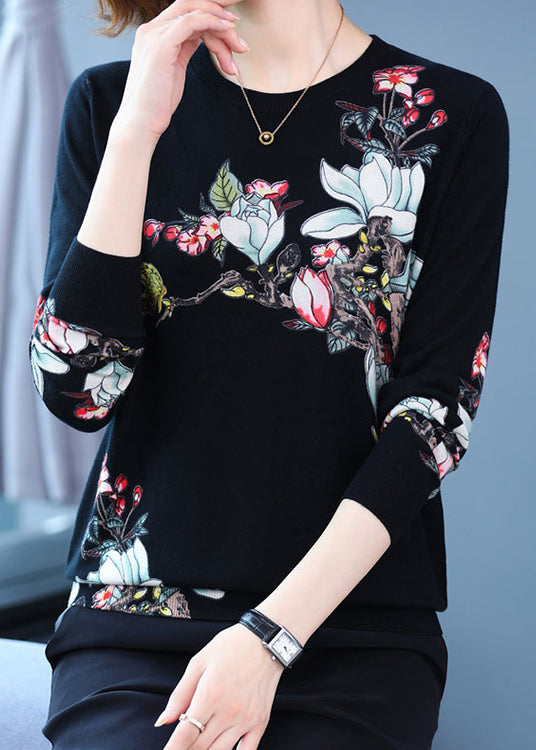Black Print Woolen Knit Tops O Neck Spring
