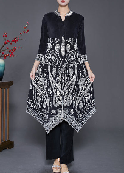 Black Print Silk Dress and Pant Two Piece Set Outfits Asymmetrical Fall