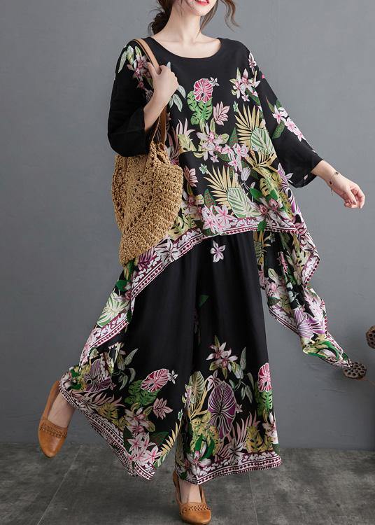 Black Print Suit Spring Large Top Wide Legged Pants Two Pieces