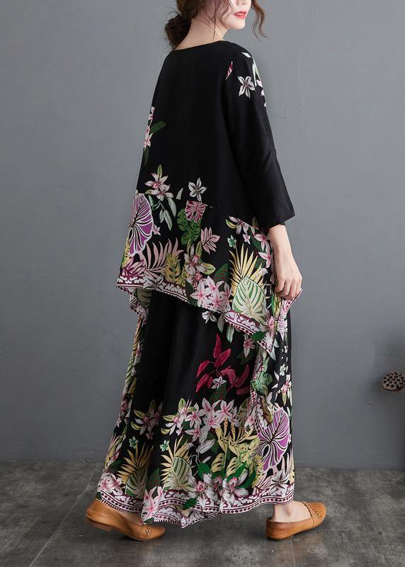 Black Print Suit Spring Large Top Wide Legged Pants Two Pieces
