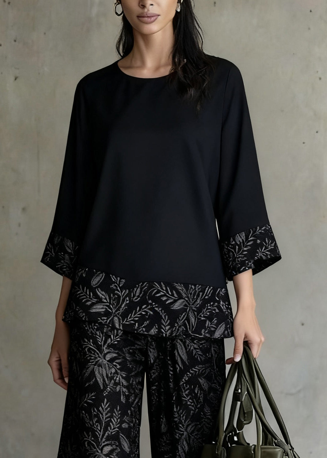 Black Print Tops and Wide Leg Pants Patchwork Silk Two Pieces Set O-neck Spring