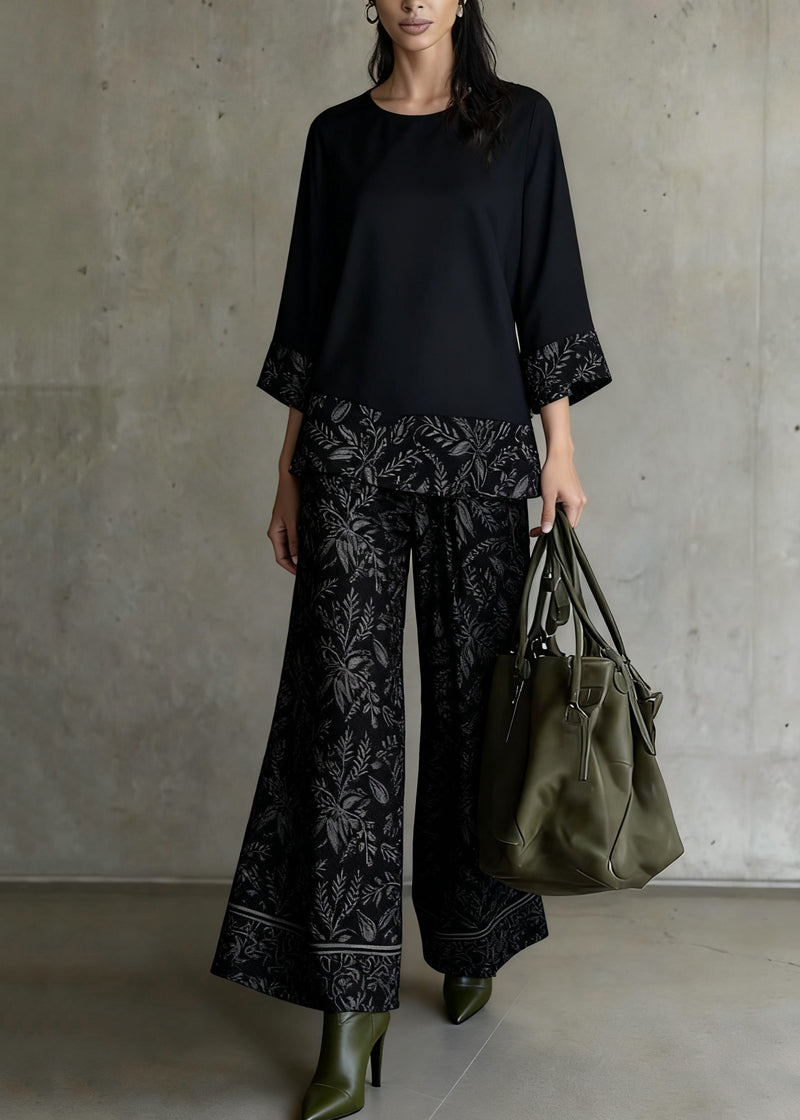 Black Print Tops and Wide Leg Pants Patchwork Silk Two Pieces Set O-neck Spring