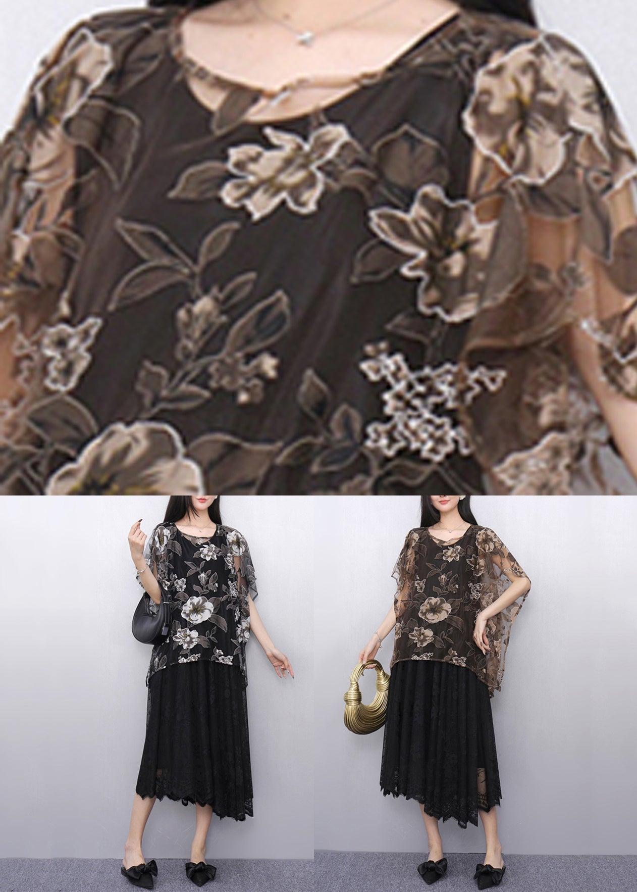 Black Print Tulle T Shirt and Long Dress Two Pieces Set Batwin Sleeve