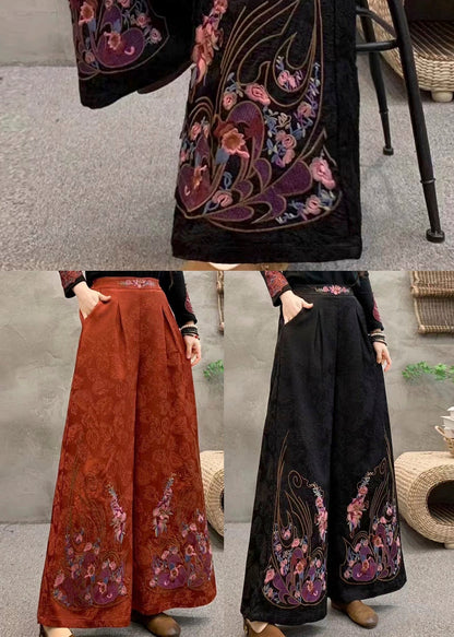 Black Retro Pockets Warm Fleece Pants Embroidered Winter