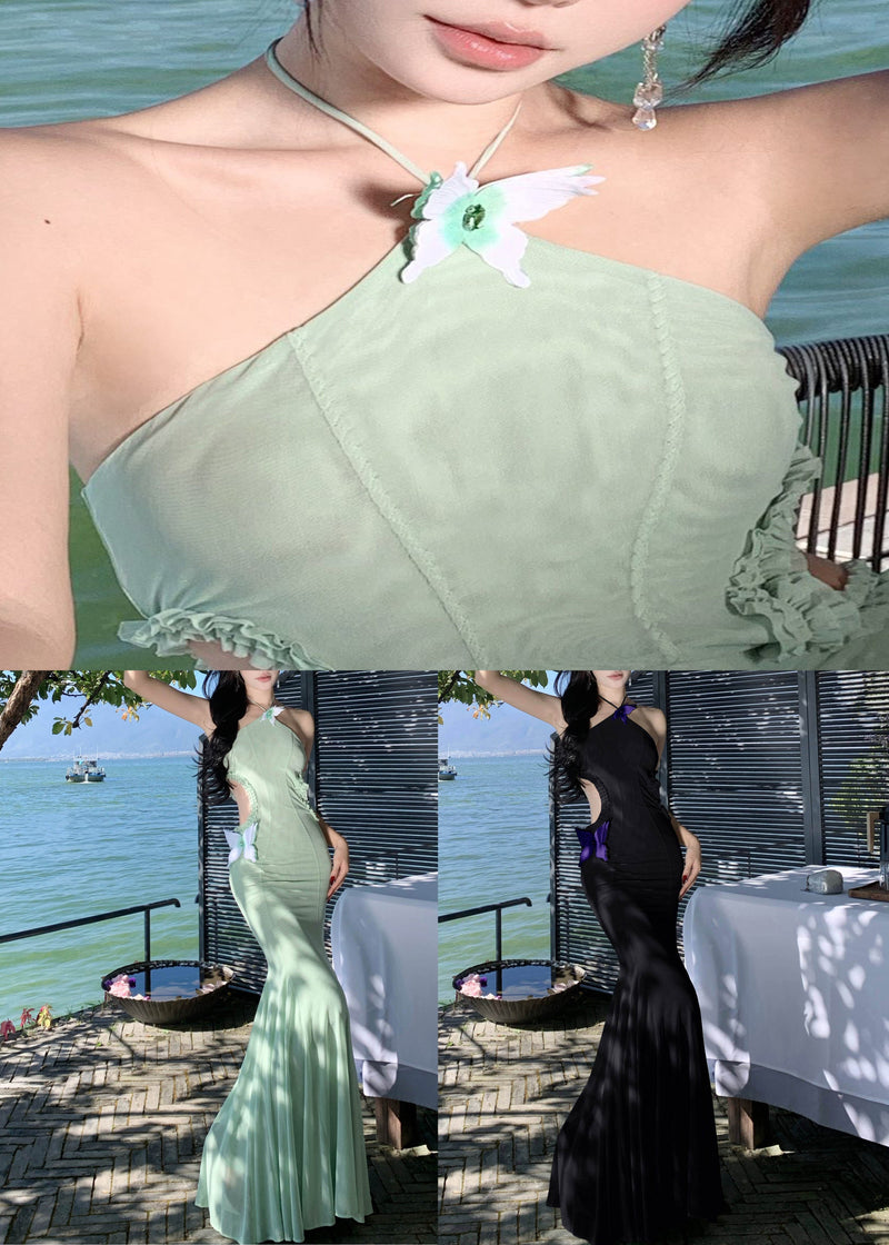 Black Ruffled Butterfly Tulle Long Dresses Hollow Out Sleeveless