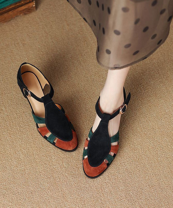 Black Sandals Chunky Heel Suede Splicing Buckle Strap
