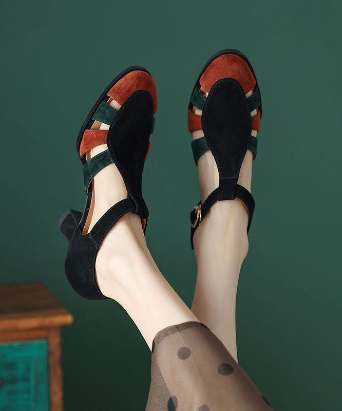 Black Sandals Chunky Heel Suede Splicing Buckle Strap