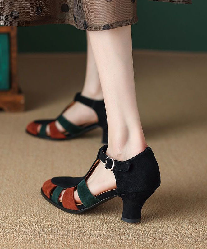 Black Sandals Chunky Heel Suede Splicing Buckle Strap