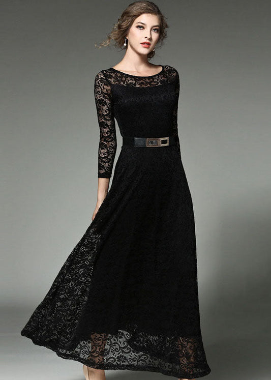 Black Sashes Patchwork Slim Fit Lace Long Dresses O-neck Bracelet Sleeve
