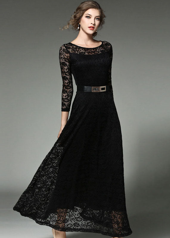 Black Sashes Patchwork Slim Fit Lace Long Dresses O-neck Bracelet Sleeve