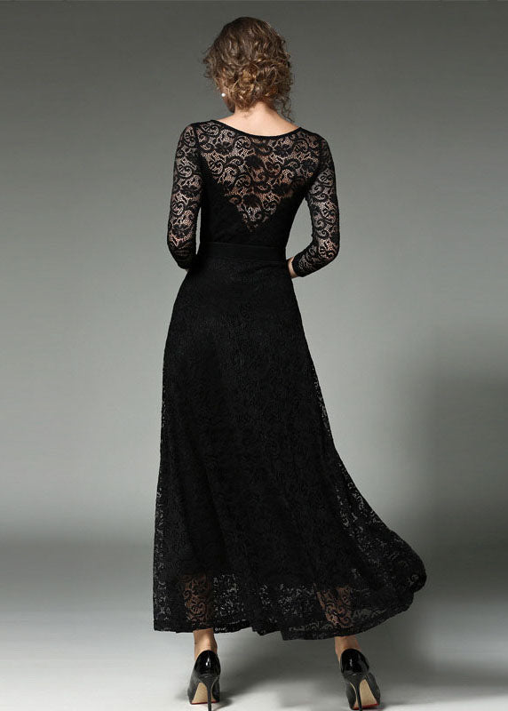 Black Sashes Patchwork Slim Fit Lace Long Dresses O-neck Bracelet Sleeve
