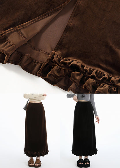 Black Side Open High Waist Warm Fleece Silk Velvet Skirts Ruffled