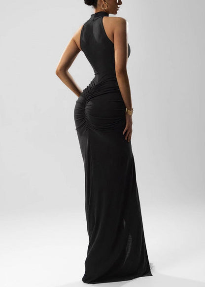 Black Side Open Cotton Sleeveless Ankle Dress Wrinkled