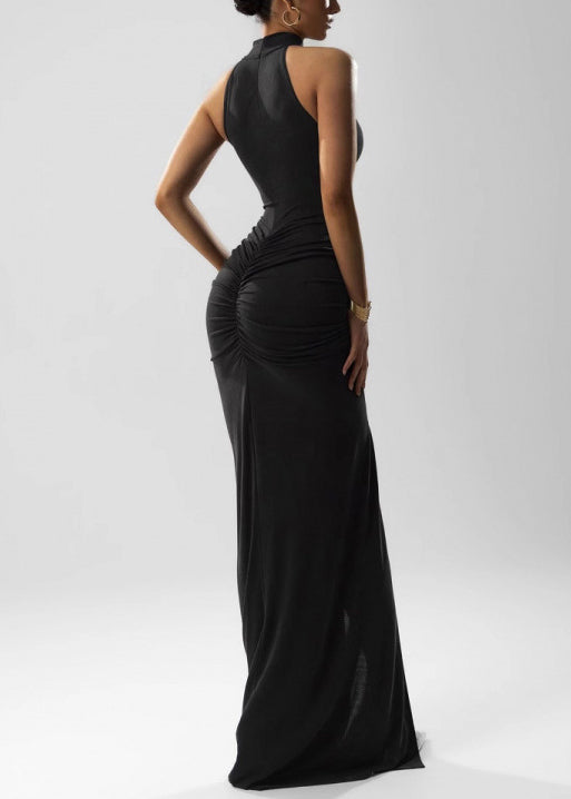 Black Side Open Cotton Sleeveless Ankle Dress Wrinkled