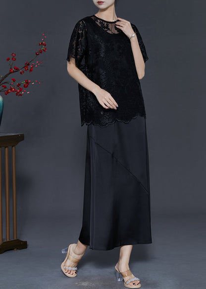 Black Silk Party Dress Sets 2 Pieces Embroidered Summer