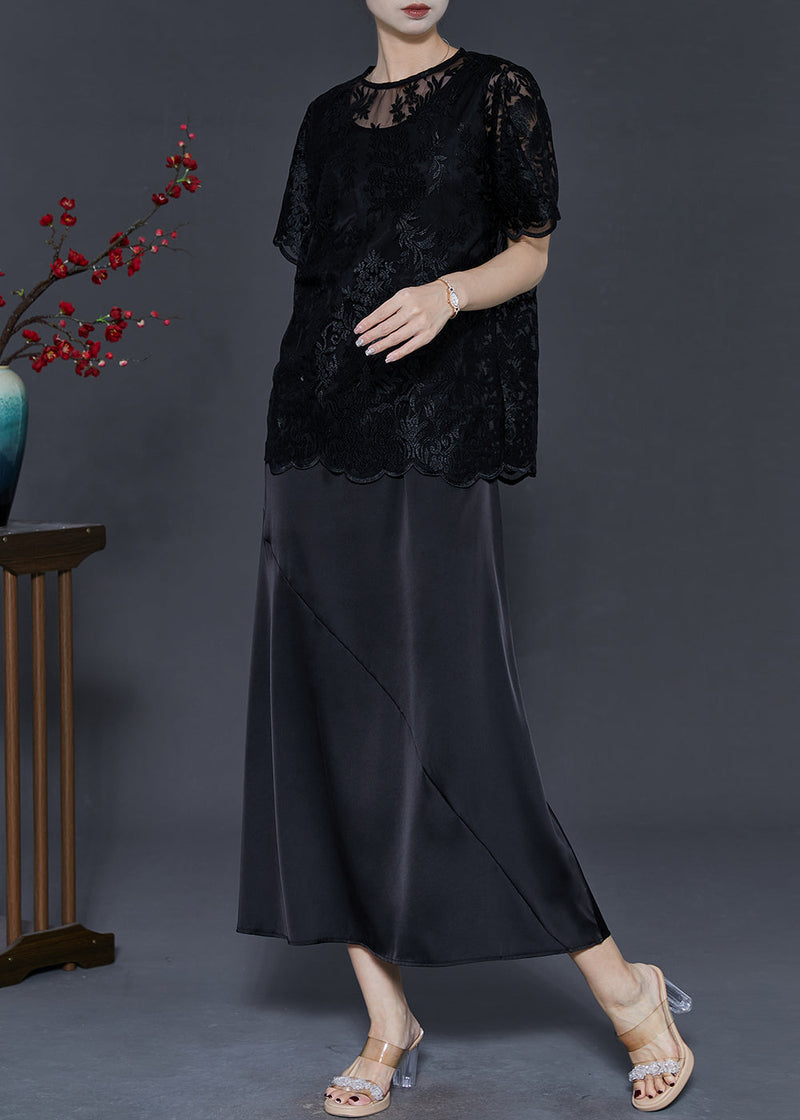 Black Silk Party Dress Sets 2 Pieces Embroidered Summer