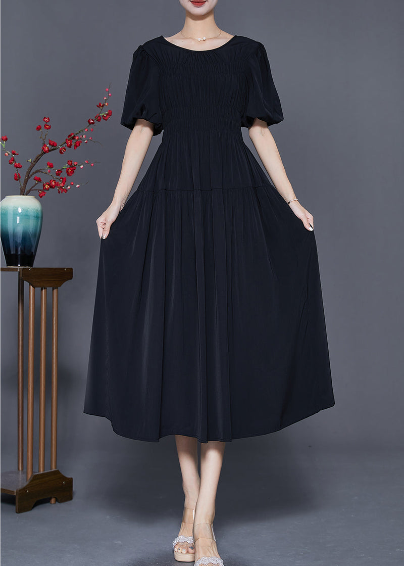 Black Slim Fit Cotton Dresses O-neck Cinched Puff Sleeve