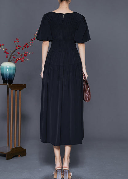 Black Slim Fit Cotton Dresses O-neck Cinched Puff Sleeve