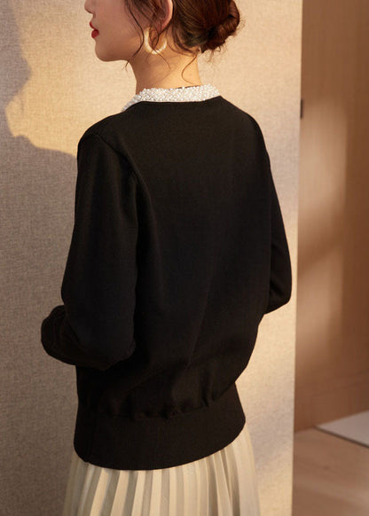 Black Slim Fit Wool Knit Cardigan O-neck Nail Bead Spring
