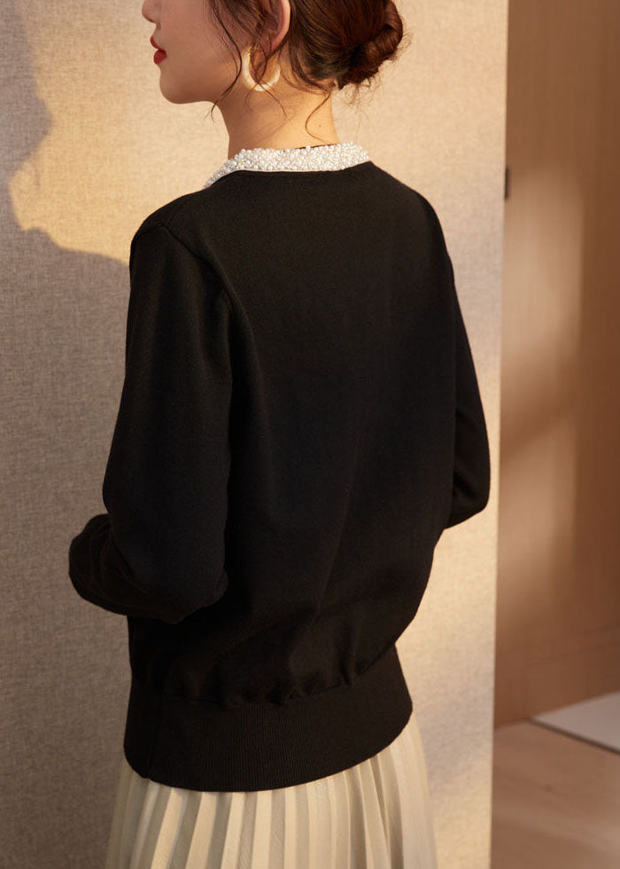 Black Slim Fit Wool Knit Cardigan O-neck Nail Bead Spring