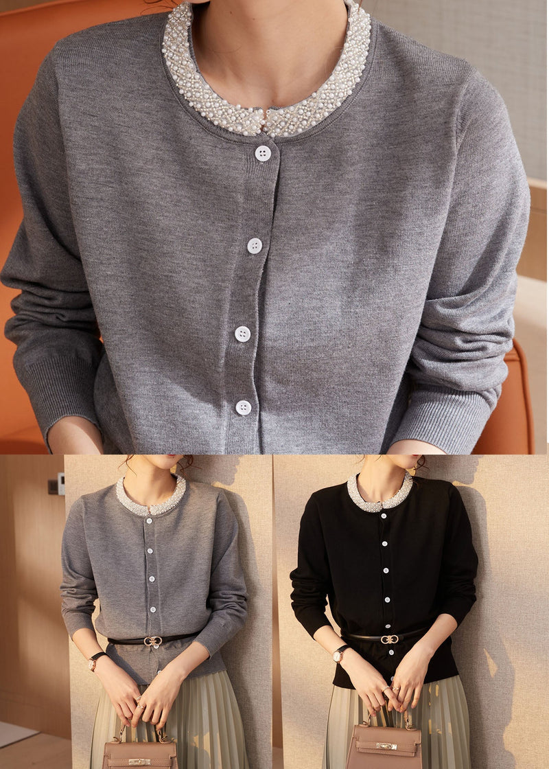 Black Slim Fit Wool Knit Cardigan O-neck Nail Bead Spring