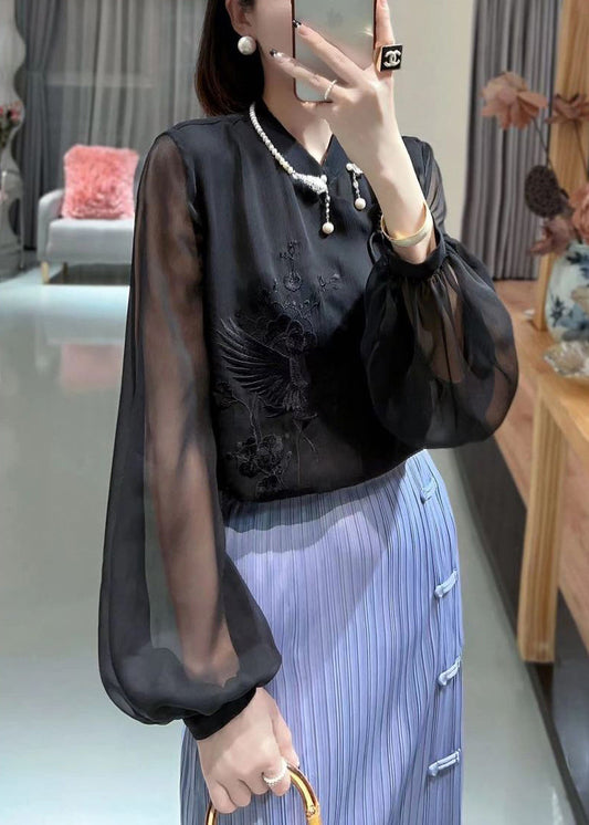 Black Button Chiffon Blouses Stand Collar Lantern Sleeve