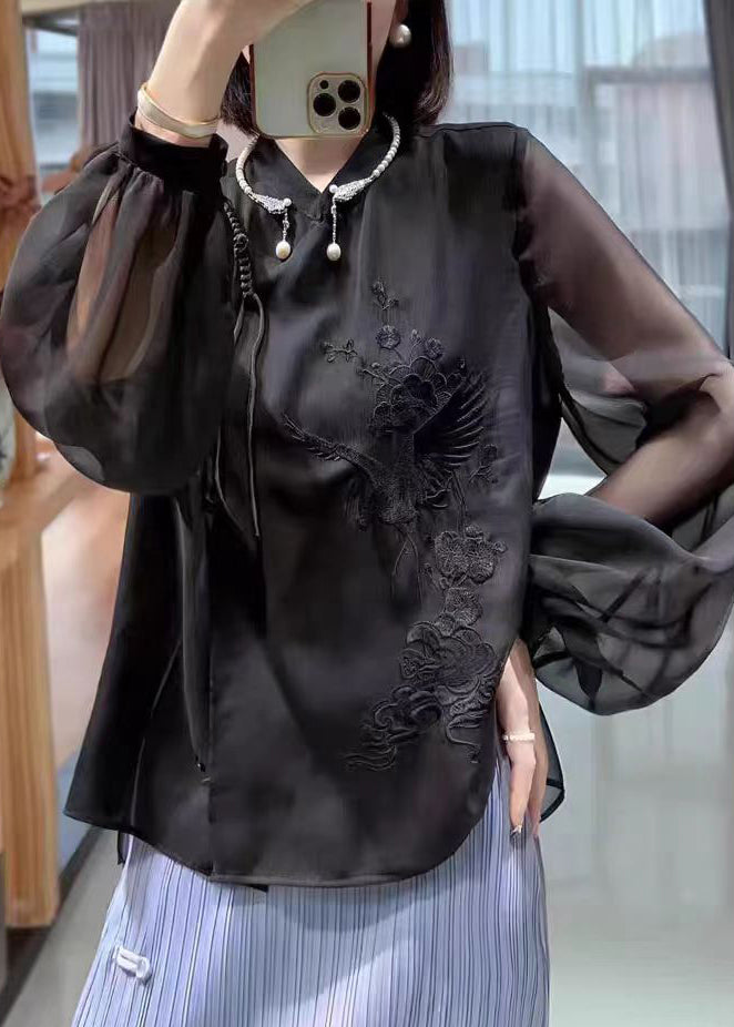 Black Button Chiffon Blouses Stand Collar Lantern Sleeve