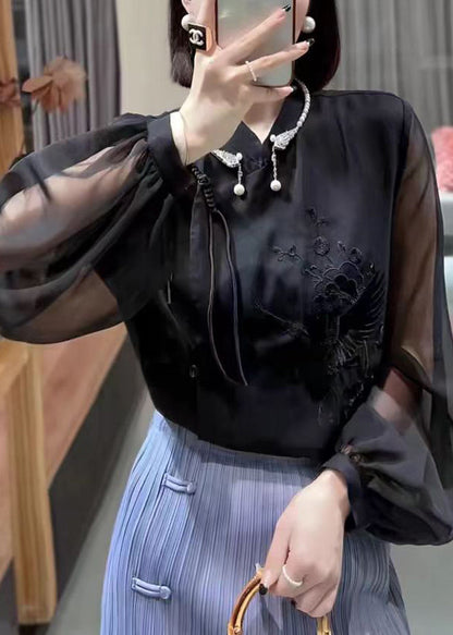 Black Button Chiffon Blouses Stand Collar Lantern Sleeve