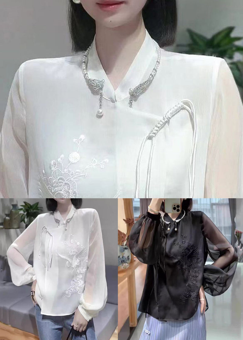 Black Button Chiffon Blouses Stand Collar Lantern Sleeve