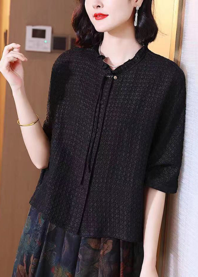 Black Button Silk Shirt O Neck Bracelet Sleeve