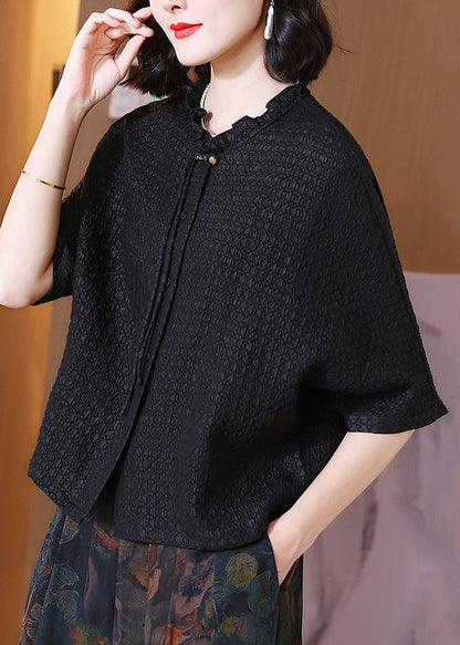 Black Button Silk Shirt O Neck Bracelet Sleeve