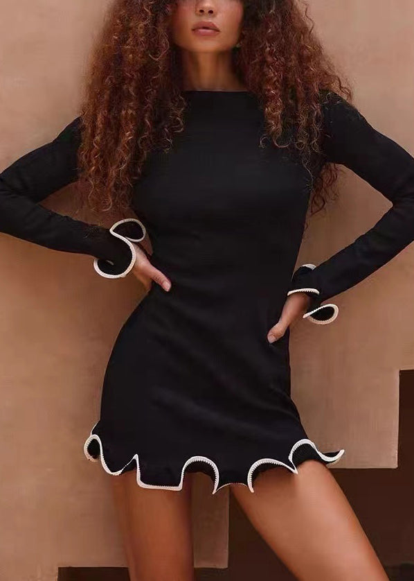 Black Cotton Mid Dress O-neck Butterfly Sleeve