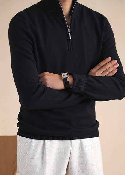 Black Cozy Knit Winter Sweater Tops Zip Up