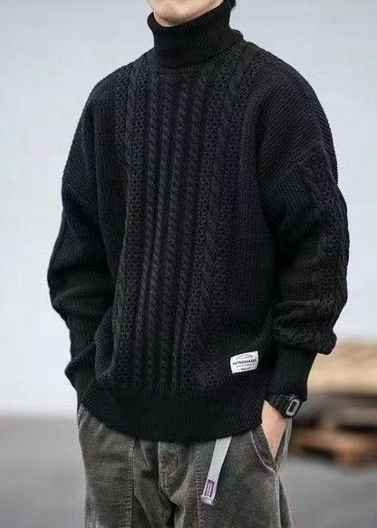 Black Cozy Cable Knit Sweaters Turtleneck Winter