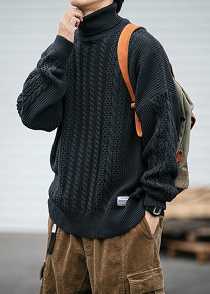 Black Cozy Cable Knit Sweaters Turtleneck Winter