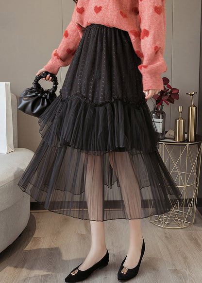 Black Lace Patchwork Chiffon Skirts Elastic Waist