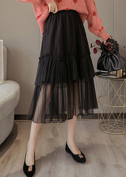 Black Lace Patchwork Chiffon Skirts Elastic Waist