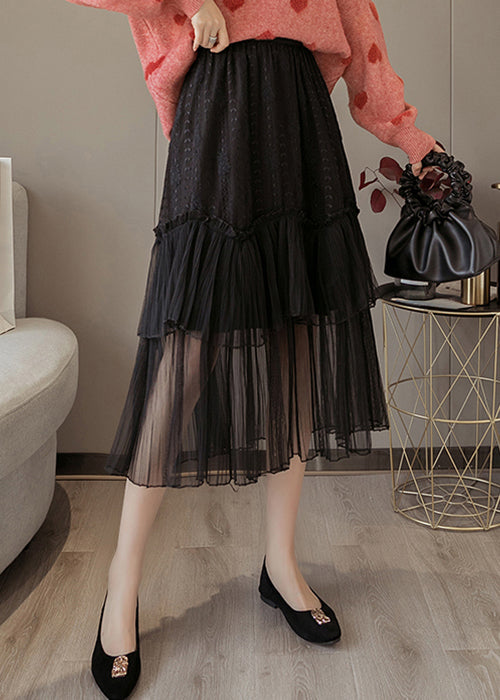 Black Lace Patchwork Chiffon Skirts Elastic Waist
