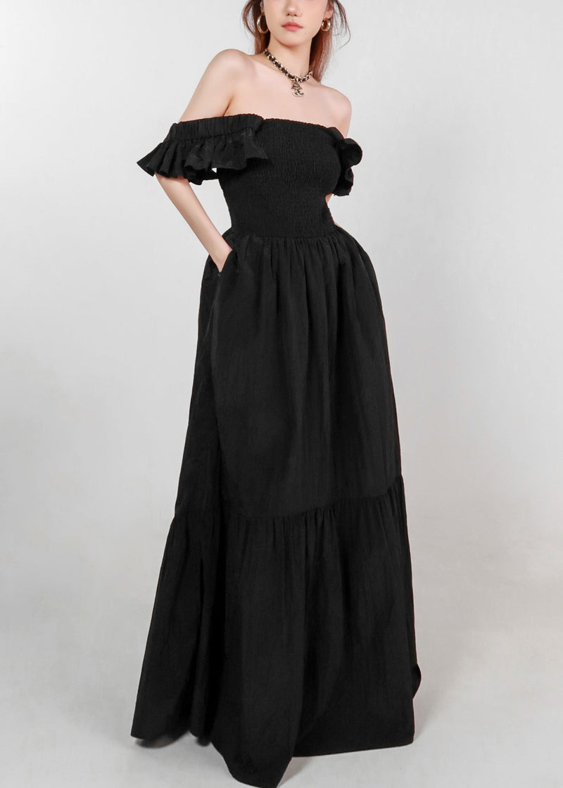 Black Pockets Cotton Dress Square Collar Butterfly Sleeve