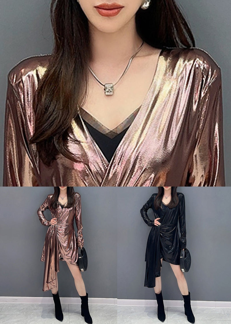 Black Wrinkled Cotton Mid Dress V Neck Spring