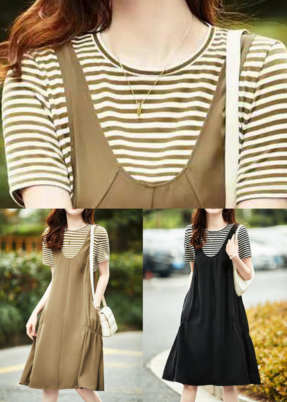 Black Striped Patchwork Cotton Dresses Wrinkled Short Sleeve