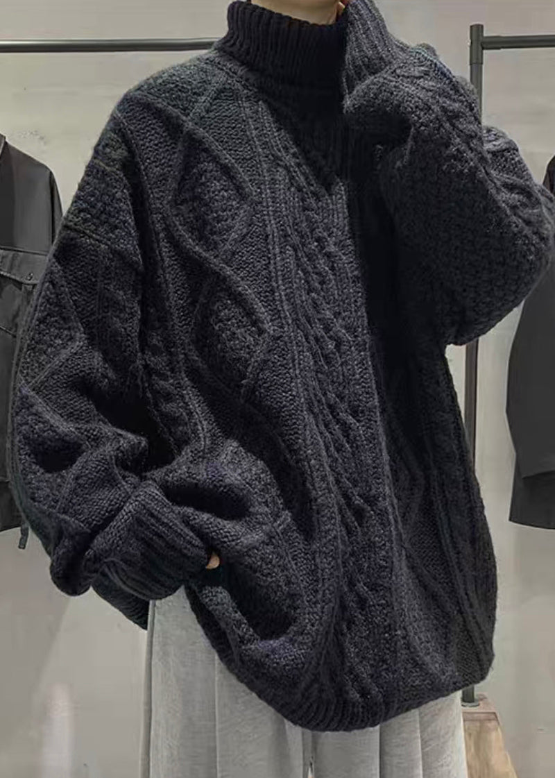 Black Thick Cable Knit Sweaters Turtleneck Winter