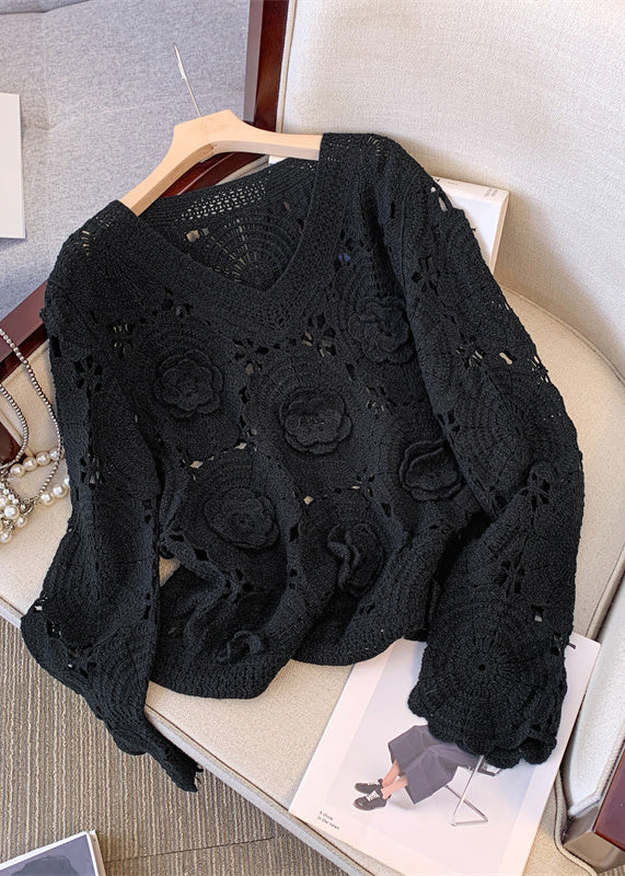 Black Three-dimensional Knit Pullover Hollow Out Fall