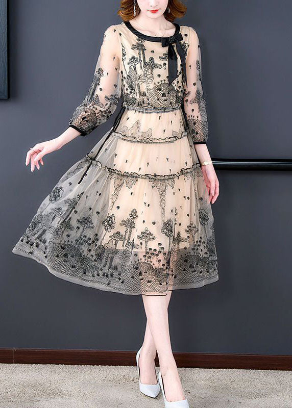 Black Tulle Holiday Dress Embroideried Tie Waist Half Sleeve