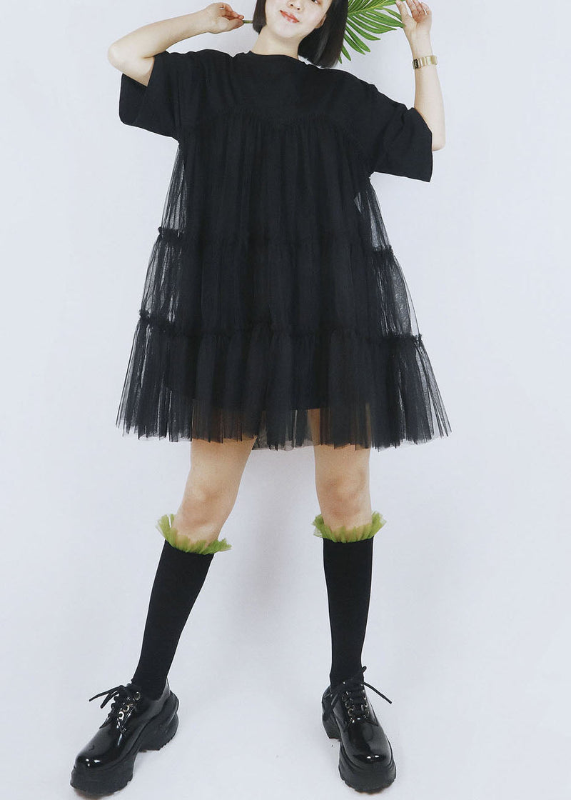 Black Tulle Patchwork Cotton a Line Dress O-neck Short Sleeve