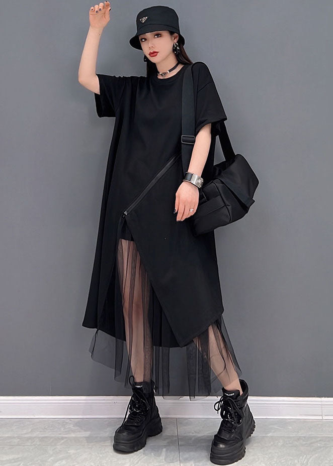 Black Tulle Patchwork Cotton Pullover Dresses Zip Up Short Sleeve
