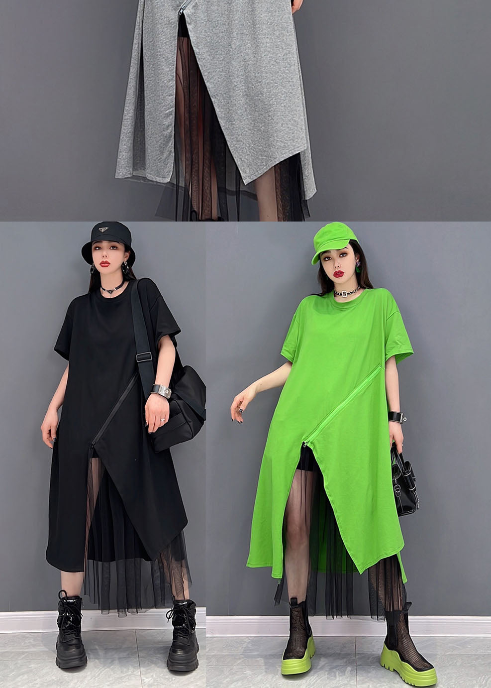 Black Tulle Patchwork Cotton Pullover Dresses Zip Up Short Sleeve